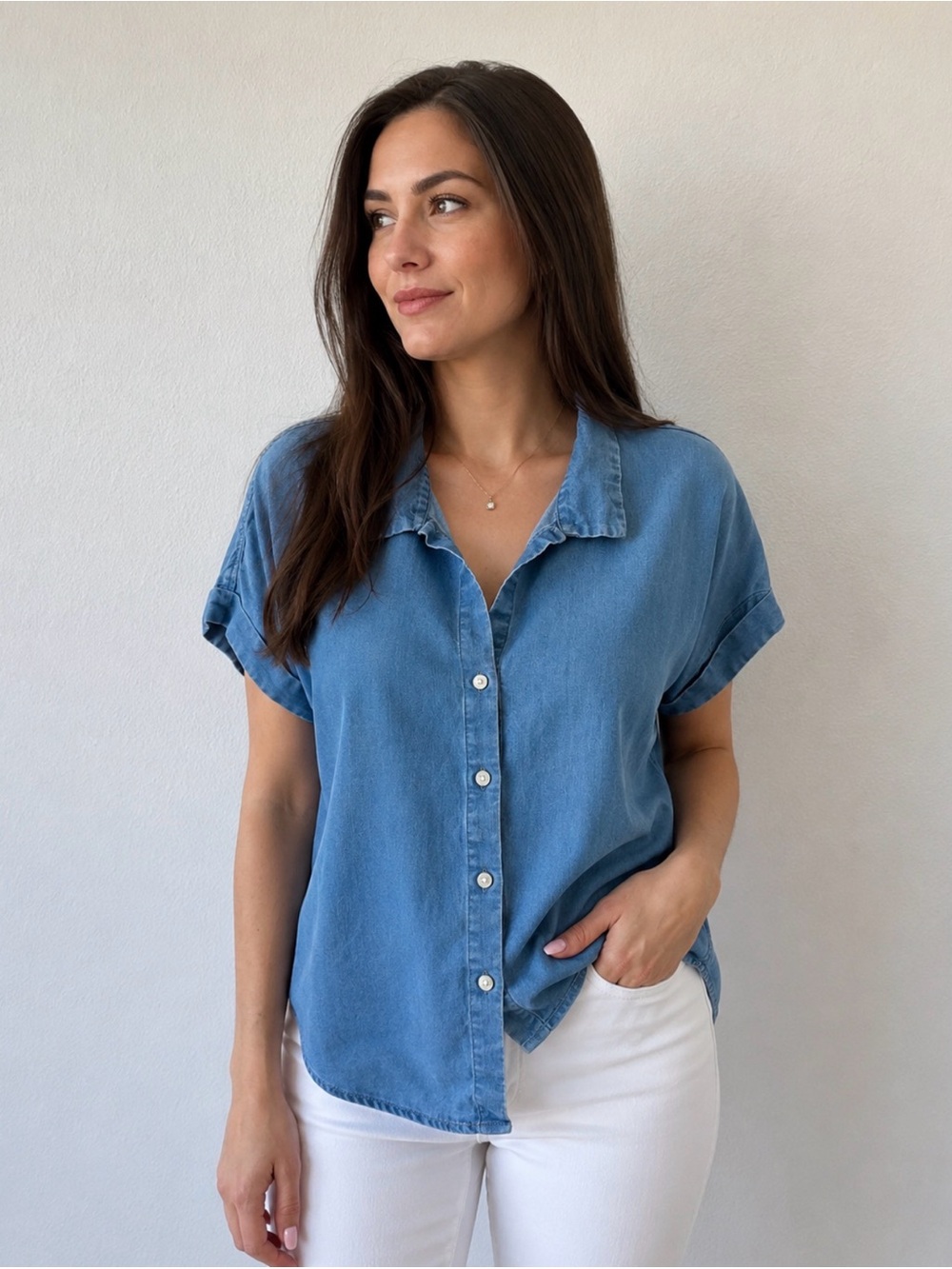 Light Blue Denim Button-Up Shirt - Women Tops